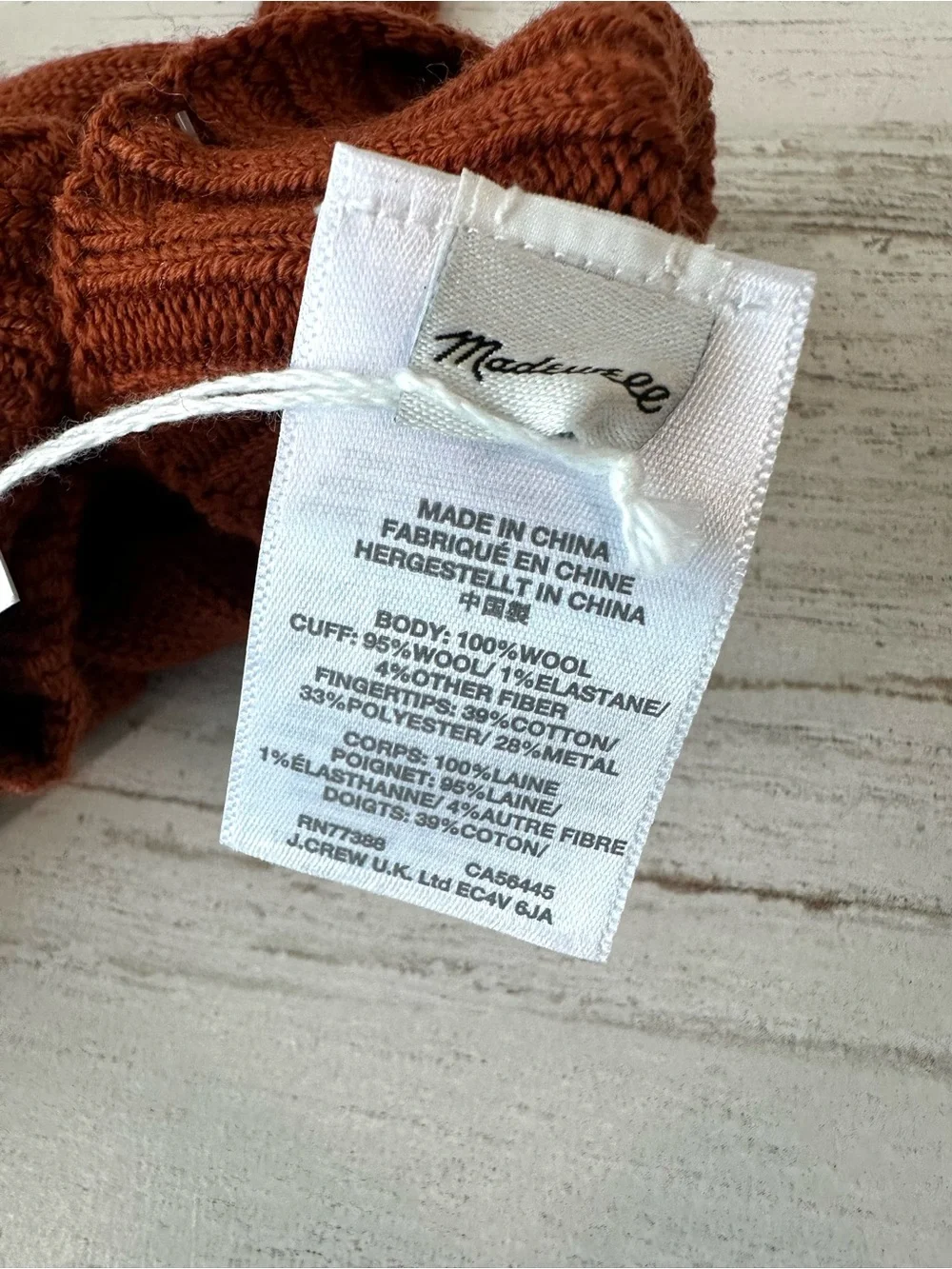 NWT MADEWELL 100% Wool Knit Texting Gloves in Faded Rust